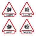 Covid-19 danger, hazard, alert, warning signs in a flat design