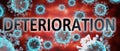 Covid and deterioration, pictured by word deterioration and viruses to symbolize that deterioration is related to corona pandemic