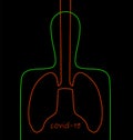 Covid-19 disease concept, man silhouette with lungs infection in simple lines on the black background, spread virus,