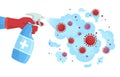 Covid 19 disinfection. Sanitizer spray, sprayed disinfectant kills bacteria and virus. Coronavirus protection concept