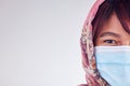 Covid face mask, muslim woman and mockup, healthcare risk or safety compliance on studio background space. Portrait