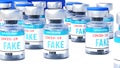 Covid fake - vaccine bottles with an English label Fake that symbolize a big human achievement that may end the fight with the