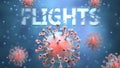 Covid and flights, pictured as red viruses attacking word flights to symbolize turmoil, global world problems and the relation