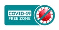 Covid free vector banner design. Covid-19 free zone text signage with virus shield logo and protection elements for disinfected.