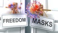 Covid freedom or masks - virus pandemic outcome and two future alternatives presented as `freedom` and `masks` door handle lab
