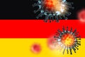 Covid-19 in Germany. Microscopic view of infectious virus cells. Delta, Omicron. 3D rendering, 3D illustration. Royalty Free Stock Photo