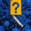 Covid-19 global vaccination. A syringe with a vaccine on a blue virus cell background.