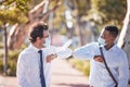 Covid greet, social distancing and elbow bump by business men meeting and greeting outdoors. Happy, friendly and excited Royalty Free Stock Photo