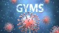 Covid and gyms, pictured as red viruses attacking word gyms to symbolize turmoil, global world problems and the relation between