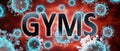 Covid and gyms, pictured by word gyms and viruses to symbolize that gyms is related to corona pandemic and that epidemic affects