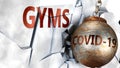 Covid and gyms, symbolized by the coronavirus virus destroying word gyms to picture that the virus affects gyms and leads to