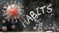 Covid and habits - covid-19 viruses breaking and destroying habits written on a school blackboard, 3d illustration