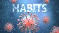 Covid and habits, pictured as red viruses attacking word habits to symbolize turmoil, global world problems and the relation