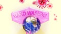 Covid hand washing - corona virus attacking Earth that is protected by an umbrella with English word hand washing as a symbol of a