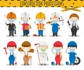 Vector Set of Construction Professions with surgical masks and latex gloves in cartoon