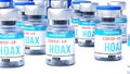 Covid hoax - vaccine bottles with an English label Hoax that symbolize a big human achievement that may end the fight with the