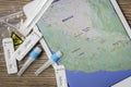 Covid home testing kits laying on a table next to a map of Mexico Royalty Free Stock Photo
