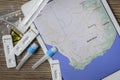 Covid home testing kits laying on a table next to a map of South Africa Royalty Free Stock Photo