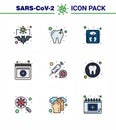 Covid-19 icon set for infographic 9 Filled Line Flat Color pack such as syring, coronavirus, management, services, medical