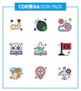 Covid-19 icon set for infographic 9 Filled Line Flat Color pack such as virus, loupe, bacteria, learning, virus