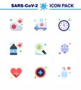 Covid-19 icon set for infographic 9 Flat Color pack such as moisturizer, hand wash, medical, timer, seconds