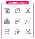 Covid-19 icon set for infographic 9 Line pack such as hands, hospital, shield, clinic, health care