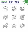 Covid-19 icon set for infographic 9 Line pack such as locked, injury, infection, bandage, virus