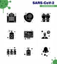 9 Solid Glyph Black Set of corona virus epidemic icons. such as medical electronics, handcare, gloves, hand, spray Royalty Free Stock Photo