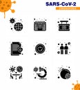 Covid-19 icon set for infographic 9 Solid Glyph Black pack such as protect, insurance, time, information, sign