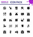 Covid-19 icon set for infographic 25 Solid Glyph pack such as medica, virus, hands, search, rx