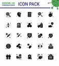 Covid-19 icon set for infographic 25 Solid Glyph pack such as virus, interfac, human, glass, scan virus