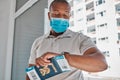 Covid, immigration and passport man with face mask for corona virus and travel restrictions or airport delay. Black man