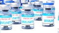 Covid immunity - vaccine bottles with an English label Immunity that symbolize a big human achievement that may end the fight with