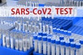 Covid-19 infected blood samples in test tubes on a laboratory table. Laboratory tube with SARS-CoV2. Laboratory Coronavirus Test Royalty Free Stock Photo