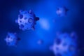COVID-19, influenza or flu coronavirus blue background, SARS-CoV-2 corona virus under microscope, 3d illustration. Coronavirus Royalty Free Stock Photo