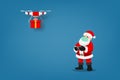 COVID-19 infographic of cute Christmas character, Santa Claus wear surgical mask controlling the drone to send a present gift for