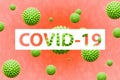 Covid-19 inscription on coronavirus model background. Virus strain concept banner