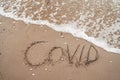 COVID inscription on the sand near the sea. The concept of canceling travel in 2020 and 2021 due to the Coronavirus