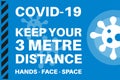 COVID-19 keep your 3 metre distance - Illustration with virus logo on a red background