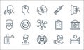 Covid line icons. linear set. quality vector line set such as bed, crowd, travel, virus, man, doctor, checklist, syringe, headache