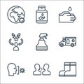 Covid line icons. linear set. quality vector line set such as boots, cough, coronavirus, ambulance, sprayer, washing hand, hand