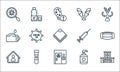 Covid line icons. linear set. quality vector line set such as hospital, door, stay home, hand soap, blood test, washing hand,