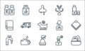 Covid line icons. linear set. quality vector line set such as vegetables, sprayer, faucet, coronavirus, washing hand, towel, cough