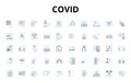 Covid linear icons set. Pandemic, Coronavirus, Lockdown, Quarantine, Social distance, Vaccination, Delta vector symbols