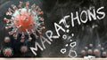 Covid and marathons - covid-19 viruses breaking and destroying marathons written on a school blackboard, 3d illustration