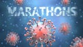 Covid and marathons, pictured as red viruses attacking word marathons to symbolize turmoil, global world problems and the relation
