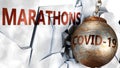 Covid and marathons, symbolized by the coronavirus virus destroying word marathons to picture that the virus affects marathons