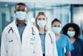 Covid, medical doctors and team working in healthcare, consulting and in collaboration together at a hospital. Group of Royalty Free Stock Photo