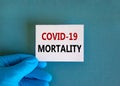 Covid-19 mortality symbol. Hand in blue glove with white card. Concept words `Covid-19 mortality`. Medical and COVID-19 pandemic