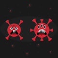 Covid-19 mutation. Red colored coronavirus closeup microscopic view, evolution prosses, dangerous infection, flat vector cartoon